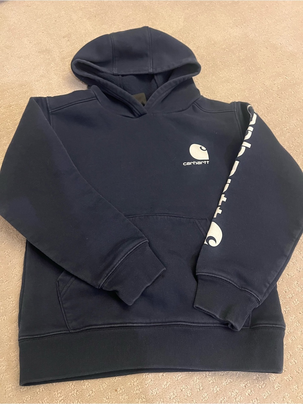 Carhartt Navy Hoodie Sweatshirt Youth Small 8-10 Logo Sleeve Pullover